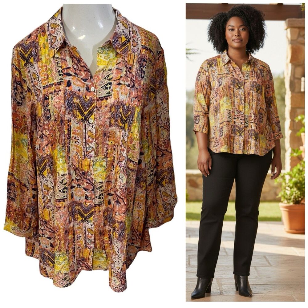 Jane Delancey Top Womens 1X Shirt Pin Tuck Pleat Orange Tunic Work Office Casual